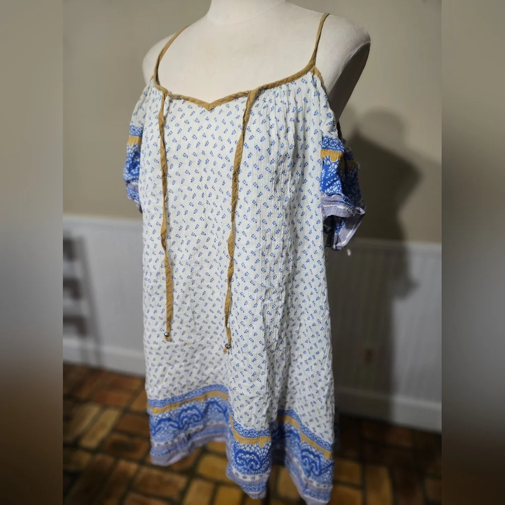 Free People White and Blue Printed Cold-Shoulder Sundress